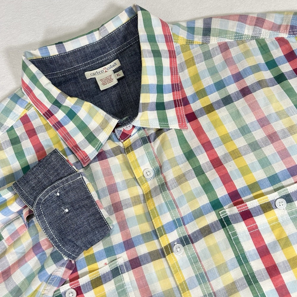 Carbon 2 Cobalt Mens XL‎ Colorful Plaid Flip Cuff Long Sleeve Button Up Shirt